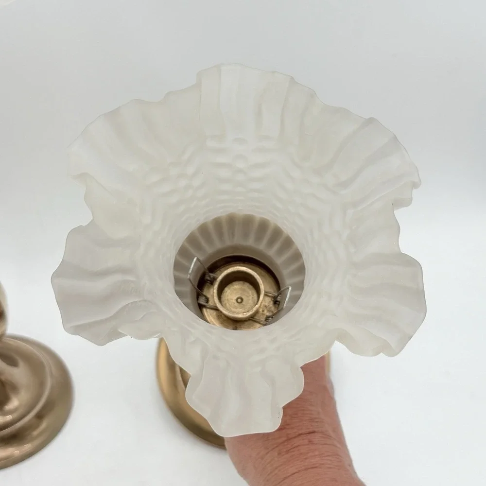 Vintage Brass Hurricane Candlesticks Pair Hobnail Milk Glass Shades 14
